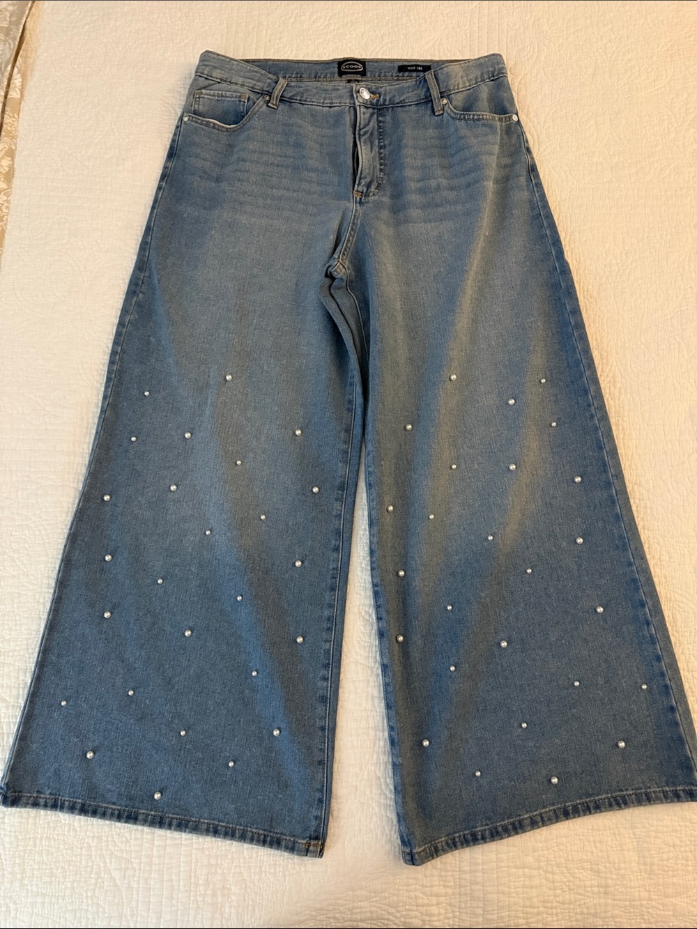 Scoop Wide Leg Pearl-Embellished Women's Jeans - Blue Size 10